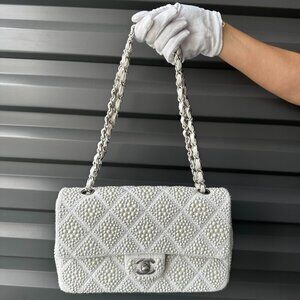 CHANEL White Medium Classic Single Flap Pearl Embellished Tweed Bag